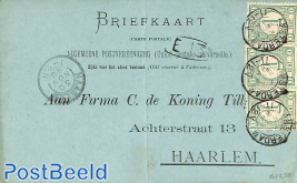 briefkaart from Haarlem to Amsterdam, see both postmarks. 3x drukwerkzegel 1 cent 