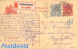 Postcard 5c, uprated to registered mail to Brussels