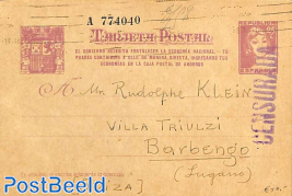 Postcard, 25C, EL GOBIERNO, Censored, to Lugano