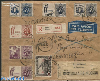 Returned registered airmail letter, stamps with commercial tabs