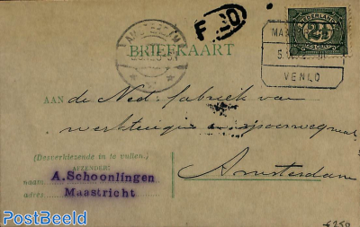 Railway post MAASTRICHT-VENLO, postcard to Amsterdam