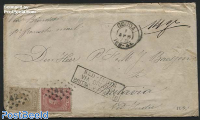 Ship Mail, Scheepspost, from Gouda to Batavia Postmark: Ned-Indie via Brindisi Britsche Pakketb.